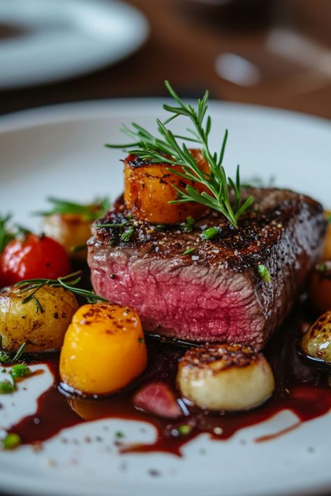 Seared steak with grilled vegetables and rosemary garnish. High End Meals, Gourmet Steak Recipes, Roast Beef Dinner Menu Ideas, Steak House Photography, Steak Plating Fine Dining, Steak Ideas For Dinner, Hanger Steak Recipes, Steak Dinner Party, Fine Dining Recipes Main Courses