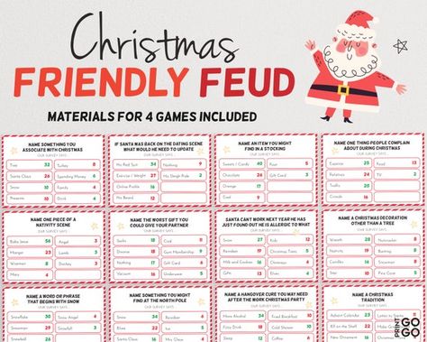 ** Save and buy the Christmas game bundle : https://www.etsy.com/uk/listing/890125036/christmas-game-bundle-family-christmas ** We asked a 100 people and the survey said .... Add a little friendly competition to the holidays, compete in teams and play Christmas Friendly Feud. The materials for 4 Holiday Family Feud, Family Feud Questions And Answers, Christmas Friendly Feud, Family Feud Questions, Christmas Song Games, Christmas Family Feud, Holiday Facts, Christmas Gift Games, Family Feud Game