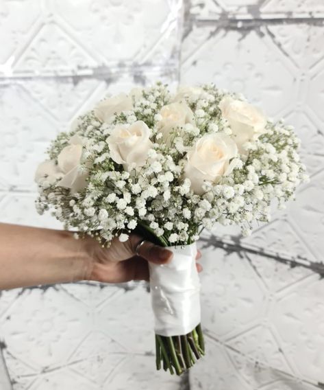 Prom Flowers Bouquet White Dress, White Roses And Wildflowers, Classic Wedding Bouquet White Flowers, White Roses Baby’s Breath Centerpiece, Bridal Bouquet Roses And Baby’s Breath, Rose And Babysbreath Bouquet, Fresh Flower Bouquet For Bride, Courthouse Wedding Flower Bouquet, Plain Wedding Bouquet