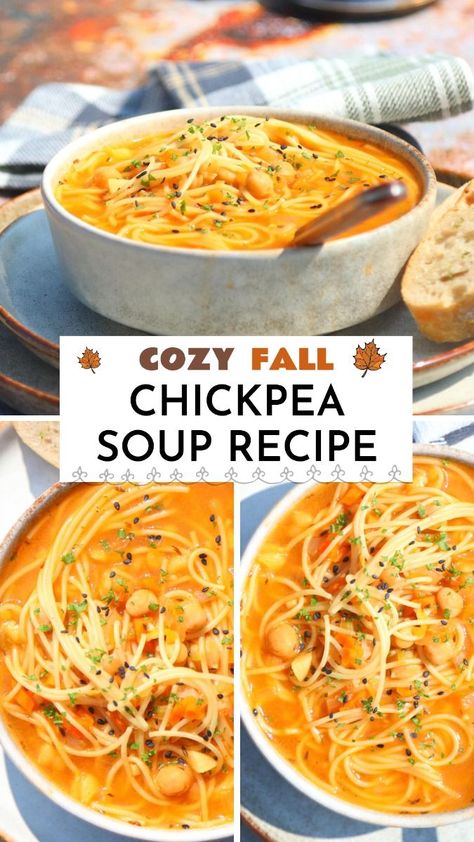 Cozy chickpea soup recipe to warm your heart this fall season. ♡ Chickpea And Potato Soup, Breakfast Soup Recipes, Garbonzo Beans, Autumn Soup, Pho Soup, Chickpea Soup, Vegan Main Dishes, Chickpea Recipes, Winter Soups