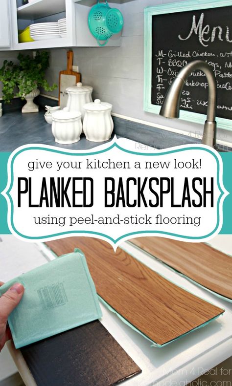 Looking for a unique and easy to install backsplash? Try this Plank Backsplash Using Peel and Stick Flooring Mom 4 Real for Remodelaholic.com #backsplashideas #diy #vinylbacksplash Inexpensive Backsplash Ideas, Peel And Stick Flooring, Kitchen Backsplash Peel And Stick, Faux Wood Flooring, Gold Room, Diy Kitchen Backsplash, Classy Kitchen, Peel And Stick Floor, Diy Backsplash