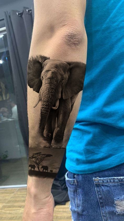 Elephant Art Tattoo, Indian Elephant Tattoo, Realistic Elephant Tattoo, African Sleeve Tattoo, Elephant Thigh Tattoo, Elephant Family Tattoo, Rhino Tattoo, Thigh Tattoo Men, Africa Tattoos