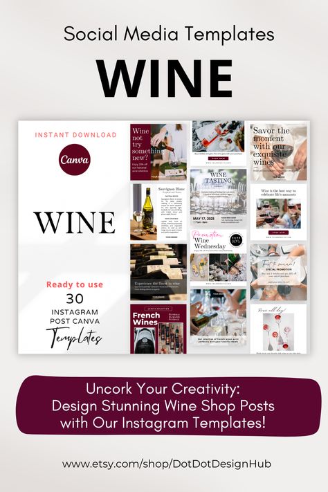 This set of 30 Wine Shop Instagram Canva templates with Real Text are ideal for wine shop, wine retails, wine distributor, online wine shop, wine industry. Whether you want to showcase a new vintage, advertise a promotion, or engage with your followers, our Instagram Canva Templates make it easy and fun. With stunning graphics and layouts tailored to the wine industry, drive traffic to your Etsy shop and increase your online visibility with our Wine Shop Instagram Canva Templates. Wine Social Media Post Design, Wine Social Media, Wine Marketing, Wine Industry, Instagram Canva, Wine Shop, Life Moments, Instagram Business, Post Design