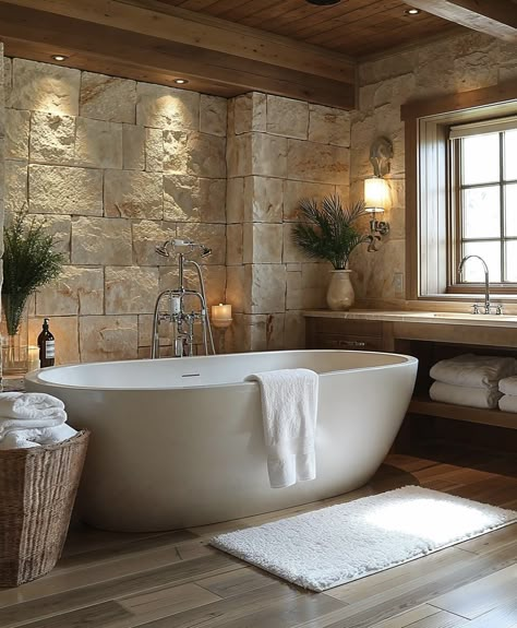 Stacked Stone Bathroom, Tuscan Style Bathroom, Modern Cottage Bathroom, Warm Cozy Home, European Bathroom Design, Shell Lamp, Spa Days, Small Bathroom Makeover, Casa Country