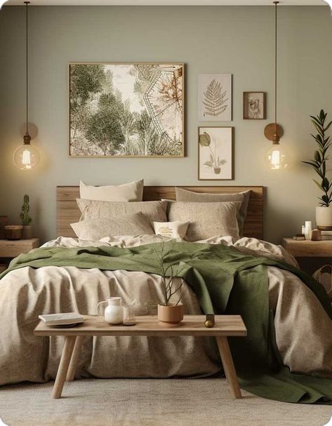 Vintage Boho Bedroom, Earthy Bedroom, Sage Green Bedroom, Warm Bedroom, Decor Ideas Bedroom, Bedroom Decor Cozy, Redecorate Bedroom, Room Makeover Bedroom, Bedroom Green