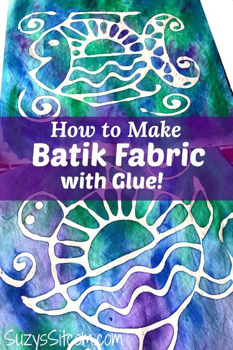 Making your own fabric designs is a lot of fun.  In this tutorial, you will learn how to make batik fabric with washable glue!  This is a great project even for the kids.  Included are two free patterns to get you started!  #batik #crafting #kenarry #ideasforthehome How To Batik Fabric, How To Make Batik Fabric, Glue Resist Painting, Tie Dye Resist Techniques, Batik Fabric Design, Batik Fabric Projects, Fabric Painting For Kids, Fabric Paint Crafts, Fabric Painting Fabric Paint Designs Patterns