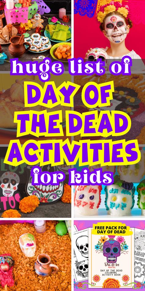 Dia De Los Muertos History Traditions Recipes & Crafts - free printable day of dead coloring sheets (dia de los muertos sugar skull worksheets), Day of the Dead paper crafts, and Tons of fun Day of the Dead activities for kids for dia de los meurtos celebration, Spanish class, Mexico lesson plans and more! #freeprintables #dayofdead #diademuertos #Novemberlessons #octoberlessonplans #octoberholidays #sugarskulls Dia De Los Muertos Crafts Ideas, Day Of The Dead Activities, Day Of Dead Costume, Dia De Los Muertos Party Ideas, Traditional Day, Dia De Los Muertos Decorations Ideas, Dead Costume, Day Of The Dead Party, Halloween Class Party