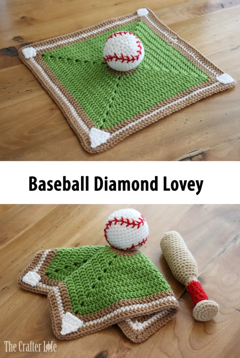 My brother and sister-in-law recently had a baby boy and since his nursery has a baseball theme, I decided to make him a baseball diamond lovey blanket! I think it turned out really cute! The best part was that I was able to use my Mini Baseball pattern that I created as part of my exclusive Baby Sports Bag Playset to make the ball in the center of the blanket - it was the perfect size for the lovey! I love when I can reuse my patterns to make a totally new project. Crochet Baseball Lovey, Football Lovey Crochet Pattern Free, Crochet Baseball Baby Blanket, Baseball Afghan Crochet Patterns, Crocheted Baseball Pattern, Crochet Baseball Blanket Pattern Free, Crochet Baby Gifts Boy, Baseball Crochet Blanket, Crochet Gifts For Baby Boys