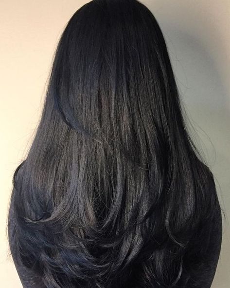 Black Hair With White Peekaboo, Long Black Asian Hair, Layered Black Hair, Black Hair With Layers, Pretty Black Hair, Black Hair Layers, Black Hair Haircuts, Indian Hair Cuts, Long Straight Black Hair