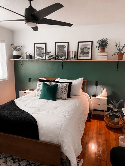 Bedroom Back Wall Decor Ideas, Bedroom 2 Color Walls, Picture Ledge Headboard, Bedroom Ideas Greenery, Bedroom Feature Wall With Shelf, Bedroom Hanging Shelves, Shelf Behind Bed Decor, Shelf Over King Size Bed, Small Bedroom Shelf Ideas