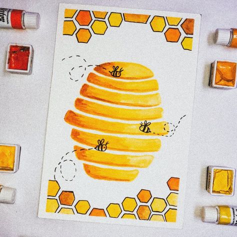 Honey Bee Drawing Easy, Honey Bee Canvas Painting, Honey Bee Art Painting, Honeycomb Watercolor Painting, How To Draw A Honey Bee, Bee Canvas Painting Easy, Cute Honey Bee Drawing, Bee Canvas Painting, Bees Artwork