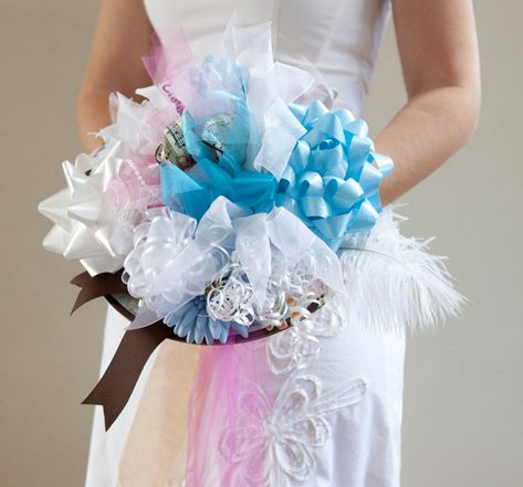 It has long been a wedding tradition to create a ‘rehearsal bouquet’ for the bride, at her bridal shower – out of all the ribbons and bows from her gifts. When rehearsing for your... Wedding Rehearsal Bouquet, Rehearsal Bouquet, Bridal Shower Bouquet, Bow Bouquet, Ribbon Bouquet, Bridal Shower Diy, Bouquet Bridal, Diy Bridal, Wedding Crafts