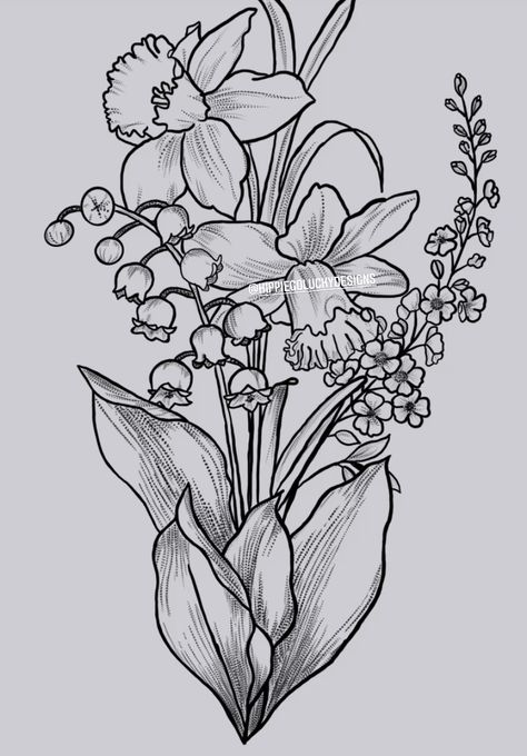 Lily Of The Valley Bouquet Drawing, Large Daffodil Tattoo, Lily Of The Valley Flower Drawing, Daffodil And Lily Of The Valley, Daffodils And Lily Of The Valley Tattoo, Iris And Lily Of The Valley Tattoo, Daffodil Bouquet Drawing, Sunflower And Lily Of The Valley Tattoo, Iris And Daffodil Tattoo