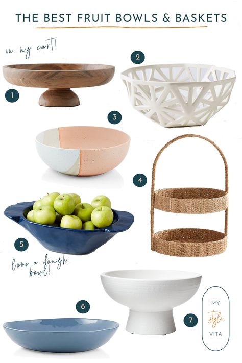 A roundup of the best wooden, stone and ceramic fruit bowls and baskets for your kitchen counters. #homedecor Fruit Bowl For Countertop, Fruit Bowl Decor, How To Decorate Kitchen Counters, Modern Fruit Bowl, Fruit Bowl Display, Banana Stand, Wooden Fruit Bowl, Large Fruit Bowl, Storing Fruit