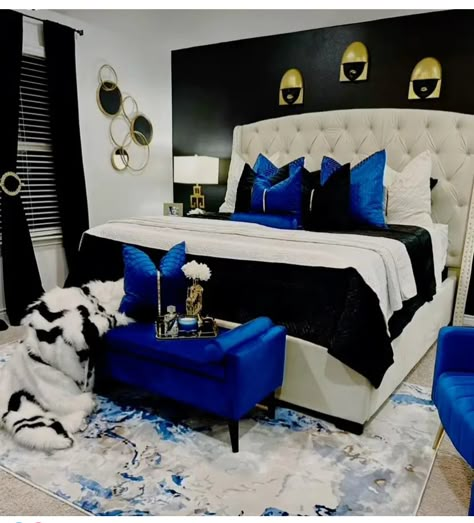 Cobalt Blue Room Ideas, Blue Black And White Bedroom, Blue Luxury Bedroom, Blue Romantic Bedroom, Bedroom Color Schemes For Couples, Blue And Black Bedroom Ideas, Royal Blue Bedroom, Posh Decor, Texas Bedroom