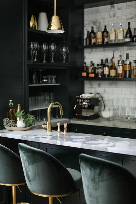 5 Essential Tips for a Modern Home Bar Makeover Dark And Moody Home Bar, Black And White Home Bar, Moody Bar Design, Dark Bar Aesthetic, Black Home Bar, Contemporary Home Bar Designs, In Home Bar, Bar Makeover, Painted Bar