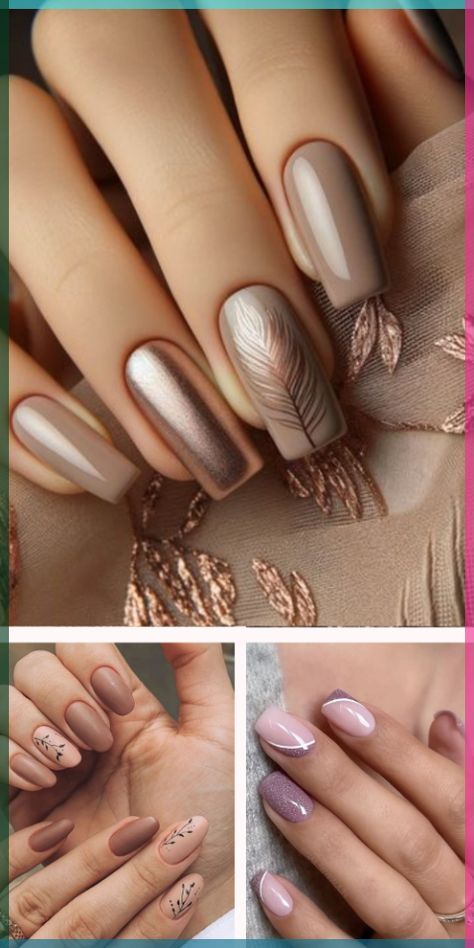 Nail Inspiration Fall 2024, Tan Nail Designs, New Year Nails Design, Nails Graduation, Taupe Nails, New Year Nails, Ring Finger Nails, Nails Yellow, September Nails