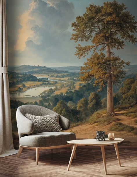 We are pleased to present our vintage landscape painting wallpaper classic work of art that will instantly turn your living room into a comfortable nature retreat. This woodland scenic wallpaper mural landscape was created with the greatest care and attention to detail, capturing the alluring beauty of nature in its most unadulterated state. CUSTOMIZED WALLPAPER Using the dimensions of your wall, we can print wallpaper. By utilizing your pattern, we can also make it. Reach out to us without hold Landscape Painting Wallpaper, Vintage Landscape Wallpaper, Rural Painting, Mural Landscape, Gothic Interior, Forest Mural, Tuscan Landscaping, Scene Wallpaper, Woodland Wall