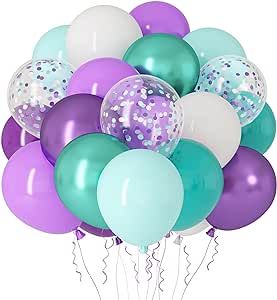 RUBFAC 65Pcs Mermaid Balloon Garland Kit, 12Inch Metallic Purple Green Balloons, Purple Teal Blue Confetti Latex Balloons for Mermaid Birthday Party Decorations Mermaid Balloons, Green Balloons, Purple Confetti, Mermaid Birthday Party Decorations, Ocean Theme Party, Gold Confetti Balloons, Confetti Birthday, Purple Balloons, Metallic Balloons