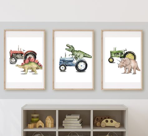 dinosaurs and tractors, farm kids room decor, dinosaur farm  T-Rex on tractor, room decor, wall art, 11x14, digital download Cars And Dinosaur Room, Tractor Room For Boys, Playroom Dinosaur, Farm Kids Room, Farm Boy Room, Boys Construction Room, Tractor Room, Toddler Boy Room Decor, Dinosaur Room