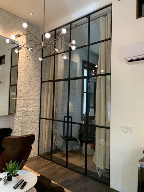 Steel Partition Design, Glass Wall Partition, Living Room Separator Ideas, Glass Partition Designs, Glass Wall Design, Modern Partition Walls, Room Partition Wall, Room Divider Ideas, Partition Designs