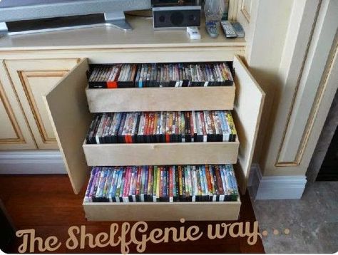 Dvd Storage Solutions, Dvd Storage Ideas, Organize Dvds, Movie Storage, Diy Dvd Storage, Diy Dvd, Dvd Storage Shelves, Dvd Shelves, Cd Dvd Storage