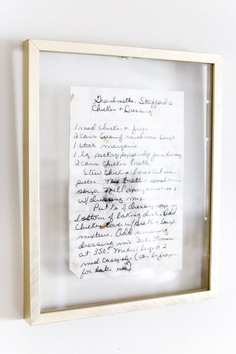 Sentimental art idea - preserve and frame handwritten recipes and letters Framed Recipes, Sentimental Art, Framed Letters, Handwritten Recipes, Decorating On A Budget, White Frame, Home Projects, The Wall, Frames On Wall