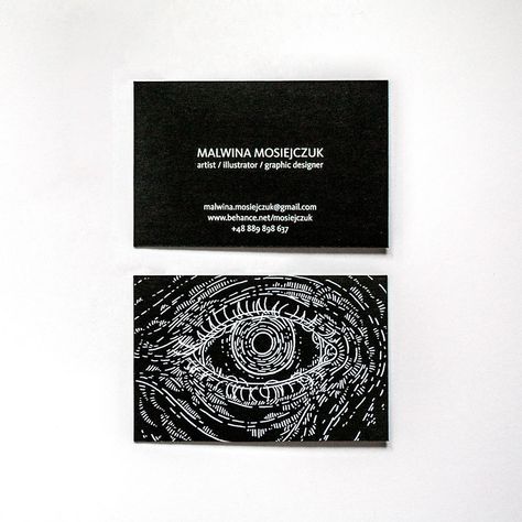 My current business card. I like the symbol of eye and it's common element of my works (and few of my tattoos). Besides sight is the most important sense for a visual artist.85x55 mm / 700 g/m² black cardboard / UV print😍 Visual Artist Business Cards, Creative Visit Card Design, Artist Card Design, Artist Business Card Design Creative, Business Card Design Artist, Edgy Business Cards, Artists Business Cards, Tattoo Visiting Card Design, Artist Cards Business