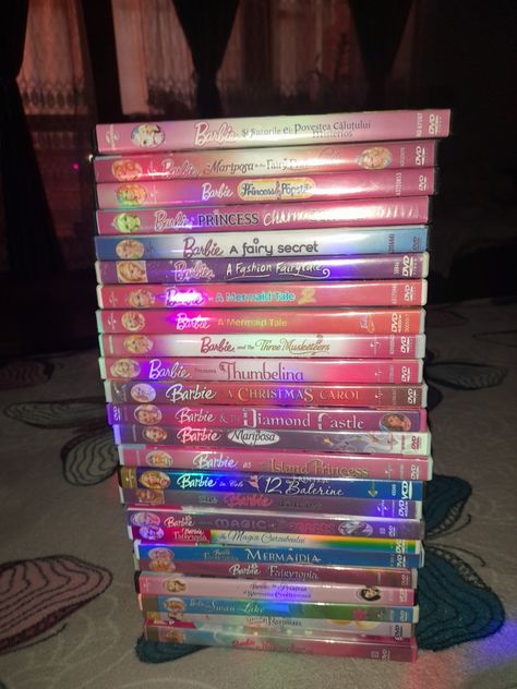 Dvds Aesthetic, 2000s Kids Movies, Dvd Collection Aesthetic, Dvd Aesthetic, Barbie Dvd, Early 2000s Movies, 2000's Aesthetic, Kids Lying, Physical Media