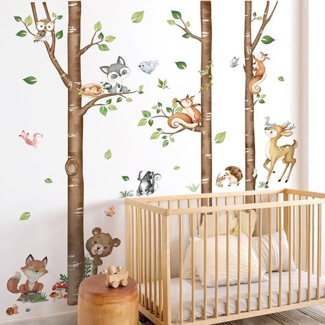 Amazon.com: decalmile Large Birch Tree Forest Animals Wall Stickers Bear Rabbit Fox Deer Wall Decals Baby Nursery Toddler Bedroom Living Room Wall Decor(H: 63inches/ 160cm) : Tools & Home Improvement Woodland Bedroom Kids Forest Friends, Woodland Nursery Wall Mural, Birch Tree Nursery, Forest Baby Nursery, Forest Nursery Theme, Baby Room Wall Decals, Forest Animals Nursery, Woodland Mural, Woodland Creatures Nursery