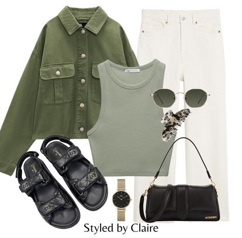 Outfit Trends 2023, Chanel Dad Sandals, Spring Summer Aesthetic, Green Shirt Outfits, Green Top Outfit, Jacquemus Bag, Shirt Crop Top, Casual Date Night, Denim Shirts