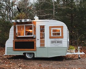 Vintage Trailer Transformations by Mark Bertel Jr. Construction Coffee Food Truck, Mobile Coffee Shop, Coffee Trailer, Vintage Camper Remodel, Food Truck Business, Coffee Truck, Coffee Stands, Food Truck Design, Camper Makeover