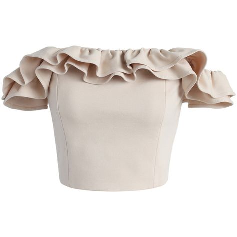 Chicwish Precious Moment Ruffled Off-shoulder Crop Top in Beige ($39) ❤ liked on Polyvore featuring tops, beige, beige top, flutter-sleeve top, flounce crop top, off the shoulder flounce top and flutter crop top Off Shoulder Ruffle Top, Beige Crop Tops, Shirts Crop, Flounce Top, Beige Shirt, Off Shoulder Shirt, Frill Tops, Ruffle Crop Top, Off Shoulder Crop Top