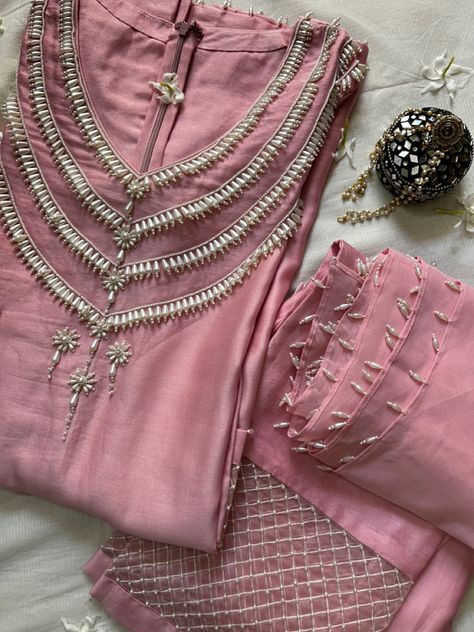 Pink Indian suit for karwa chauth Pearl Embroidery Designs, Indian Festive Wear, Handmade Suit, Pearl Tassels, Pearl Neck, 2023 Pink, Pearl Embroidery, Georgette Dupatta, Long Dress Design