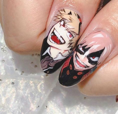 Mha Nails Bakugo, Bakugo Nails Design, Bakudeku Nails, Bakugo Inspired Nails, My Hero Academia Nails Acrylic, Kirishima Nails, Bakugou Nails Art, Bakugou Nails, Bakugo Nails