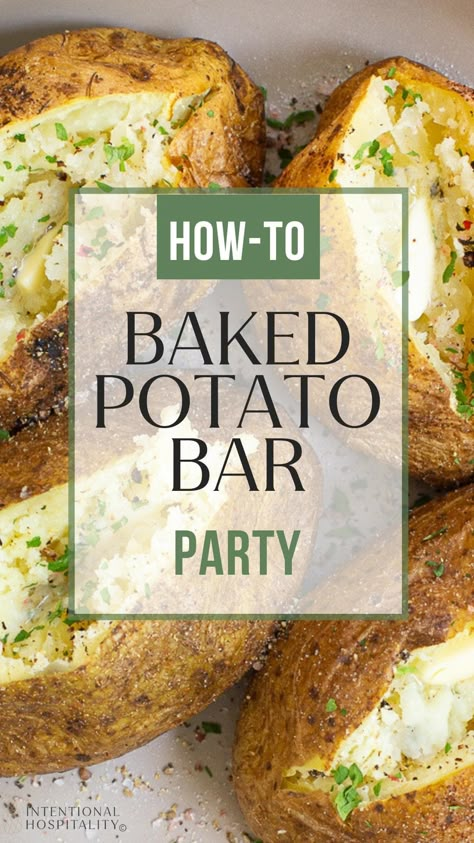 Feeding a crowd an easy and delicious meal will be a snap with this baked potato bar how-to and tips for what to serve with a baked potato bar. Baked Potatoes Party, How To Make Baked Potatoes For A Crowd, Loaded Baked Potato Board, Baked Potato Buffet, Easy Baked Potato Bar, Hot Potato Bar Ideas, Baked Potato Bar Party Ideas, Easy Party Menu Ideas, Diy Baked Potato Bar