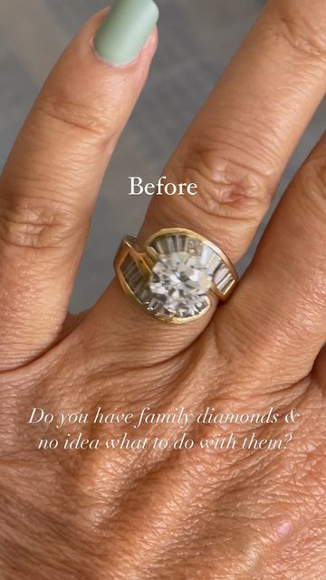 Melissa Tyson Designs- MTD on Instagram: "Do you love a good before and after as much as we do? This one is super special to me. This was my grandmother’s ring two. 25 carat round brilliant cut diamond and a very 80s style setting super high profile we pulled the diamond out to reset for my mom and the beautiful 18 karat gold split band, low profile, prong setting, and we stopped it with two of our Pinnacle diamond stacking bands also an 18 karat gold. Do you have any family diamonds you have Reset Rings Before And After, Resetting Engagement Ring, Resetting Diamonds Before And After, 80s Engagement Ring, Ring Redesign Before And After, Resetting Diamonds Ideas, Wedding Ring Redesign, Ring Upgrade, Stacked Diamond Bands