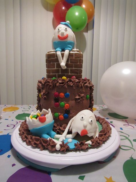 Humpty Dumpty Cake, Humpty Dumpty, Gingerbread Houses, Bday Ideas, Nursery Rhymes, Gingerbread House, Chocolate Cake, Year Old, Gingerbread