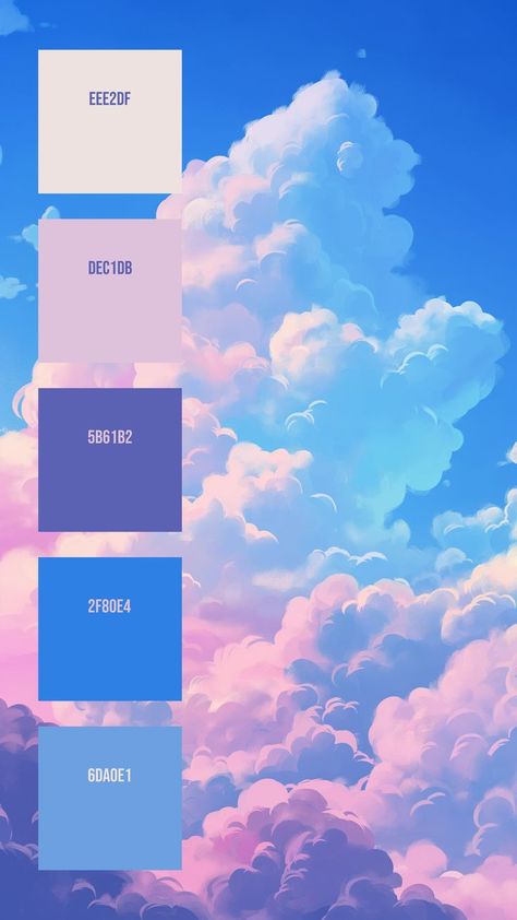 Colors:
EEE2DF
DEC1DB
5B61B2
2F80E4
6DA0E1 Sunset Color Palette, Cloud Formations, Sunrise Colors, Cumulus Clouds, Blue And Lavender, Pastel Sunset, Hex Color Palette, Warm And Cool Colors, Palette Art