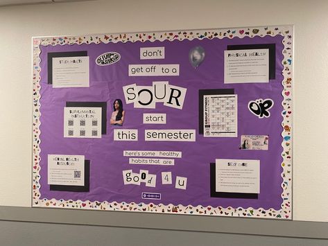 Bulletin board with purple background, white/multicolored border

“don’t get off to a SOUR start this semester, here’s some healthy habits that are good 4 u” Olivia Rodrigo Campaign Poster, Music Themed Ra Bulletin Boards, Mama Mia Bulletin Board, Olivia Rodrigo Bulletin Board, Music Ra Bulletin Boards, Harry Styles Bulletin Board, Music Themed Bulletin Boards, Bulletin Board Design Classroom, Bulletin Board Design Ideas