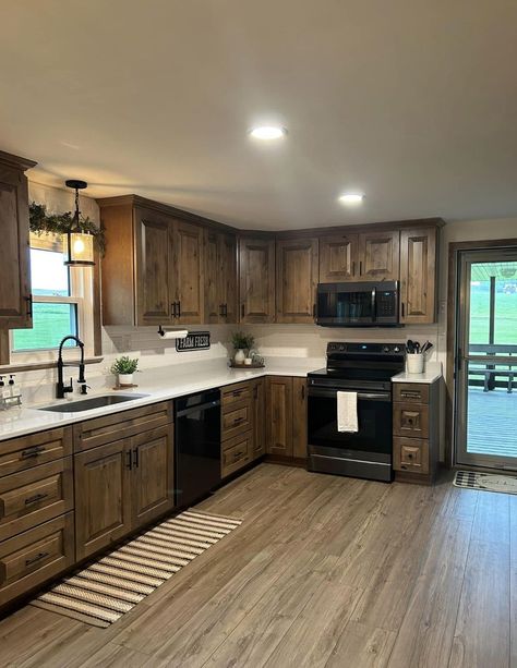 Jacobean Kitchen Cabinets, Rustic Home Remodel Ideas, Kitchen Rustic Ideas, Walnut Kitchen Cabinets Farmhouse, Farmhouse Kitchen Dark Wood Cabinets, Western Kitchen Cabinets, Double Wide Living Room Ideas, Ranch Home Kitchen, Western Style Kitchen