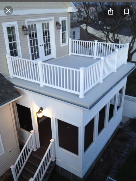 Roof Balcony, Deck Sunroom, Under Deck, House With Balcony, Building A Porch, Balcony Railing Design, House Addition, Sunroom Designs, Room Addition