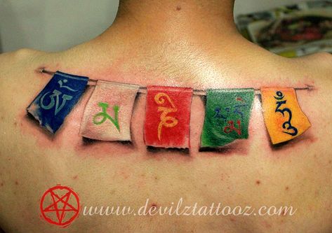 Prayer Flag Tibetan Tattoo Design, Bajra Tattoo, Nepal Flag Tattoo, Nepal Tattoo Ideas, Flags Tattoo, Tibet Tattoo, Tibetan Flags, Tibetan Flag, Nepal Tattoo