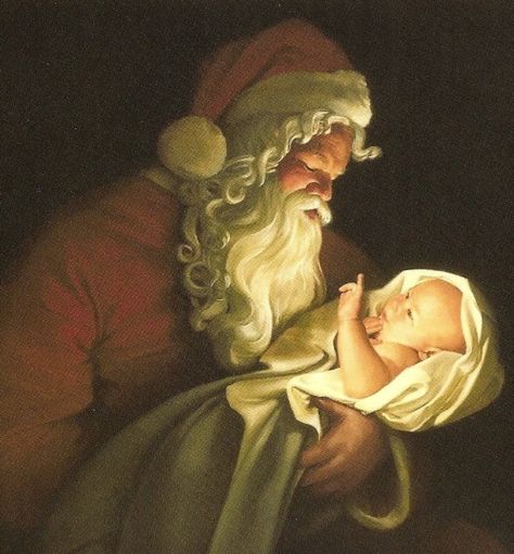 Baby Jesus Images, Santa And Baby Jesus, Facebook Christmas Cover Photos, Santa And Jesus, Kneeling Santa, Santa Paintings, Fantasy Wallpapers, Thanksgiving Wallpaper, Kris Kringle