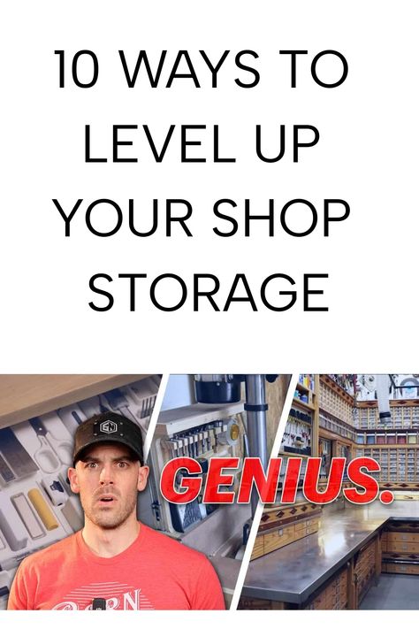 10 ways to level up your shop storage; reaction of a surprised man with a well-organized workshop. Dremel Storage Ideas, Tool Organization Ideas Diy, Organizing Workshop, Mechanics Shop Organization, Wood Shop Organization, Shop Organization Ideas, Woodworking Workshop Layout, Medical Carts, Woodworking Hacks