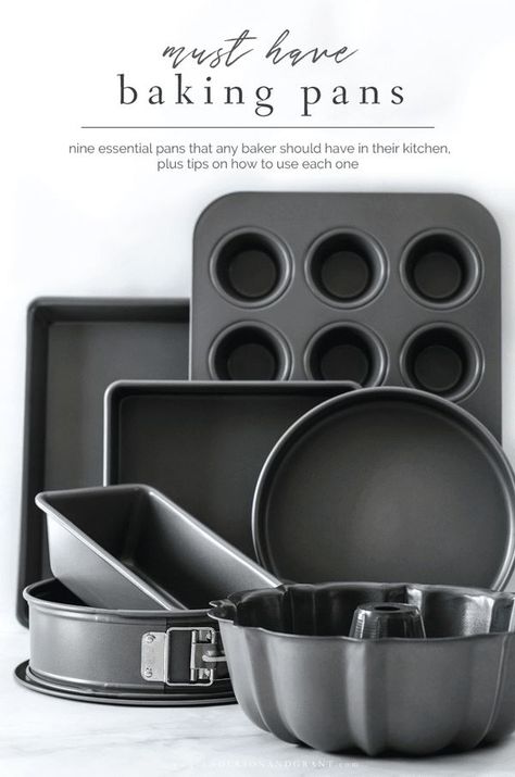 Nine essential baking pans that anyone should have in their kitchen, plus tips on how to use each one.  |  www.andersonandgrant.com Homemade Sandwich Bread, Kitchen Decor Collections, Homemade Sandwich, Flat Pan, Baking 101, Square Cake Pans, House Essentials, Baking Essentials, Baking Set