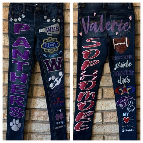 Spirit Jeans Weslaco High School Panthers Theme 💜🐾 (made by Alyssandra) #AlyMade #SpiritJeans #Homecomingjeans Freshman Spirit Jeans, Htv On Jeans, Spirit Jeans Homecoming Ideas, Homecoming Pants Ideas Sophomore, Homecoming Spirit Jeans, Graduate Clothes, School Spirit Jeans, Spirit Jeans Homecoming, Painted Jeans School Spirit