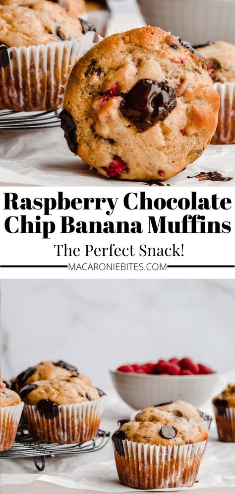 These Raspberry Chocolate Chip Banana Muffins are easy to make, so delicious and only 134 calries per muffin! The perfect summer snack for the family! #Muffins #BananaMuffins #EasyBaking #BananaBread #LowCalorie #HealthyBaking #EasyBreakfast Raspberry Chocolate Chip Muffins, Chocolate Chip Banana Muffins, Banana Protein Muffins, Healthier Baking, Raspberry Chocolate Chip, Banana Muffins Easy, Banana Flour, Raspberry Muffins, Chocolate Banana Muffins