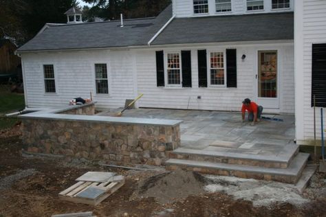 Sloped Paver Patio, Concrete Decks Elevated, Pavers Pattern, Elevated Patio, Yard Upgrades, Tudor Interior, Stone Patio Designs, Patio Stone, Patio Stairs