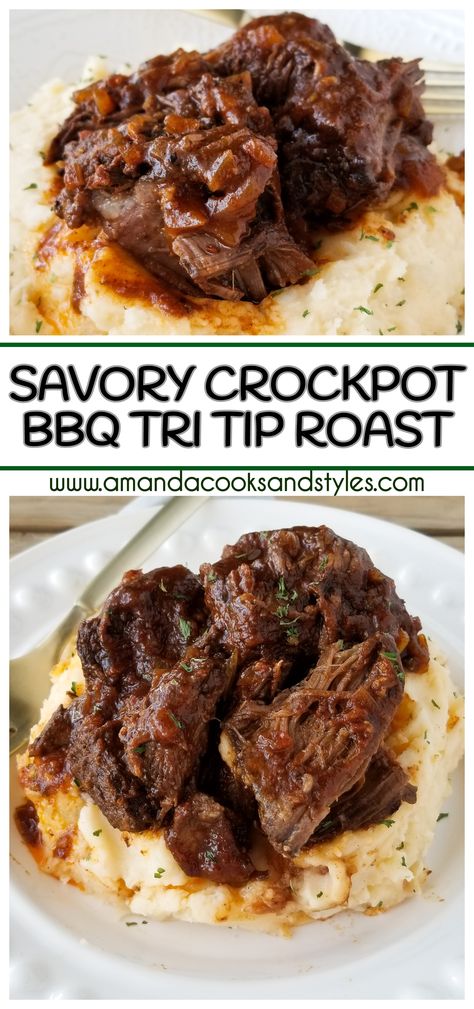 ender BBQ Beef Roast – The most delicious slow cooker pull-apart bbq beef tri tip roast. Serve over creamy mashed potatoes or on toasty buns for absolute perfection. Tri Tip Roast Crock Pot Recipe, Beef Tri Tip Roast, Bbq Beef Roast, Sirloin Roast Recipes, Tri Tip Steak Recipes, Tritip Recipes, Tri Tip Roast, Beef Sirloin Tip Roast, Roast Beef Crock Pot Recipes